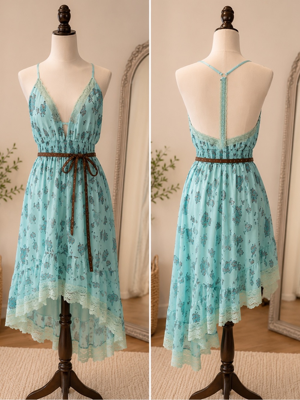 Light Blue Floral Lace-Trim High-Low Dress